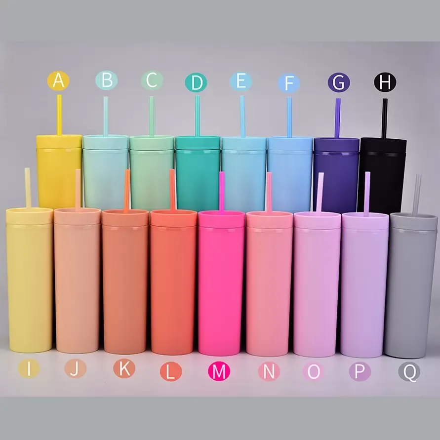 Bicchieri skinny in acrilico da 17 colori da 16 once Bicchiere in acrilico colorato opaco con coperchi e cannucce Corlorful Bicchiere in plastica a doppia parete
