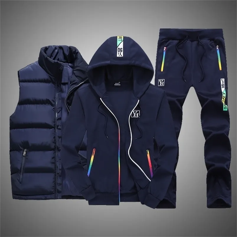 Tute da uomo Tuta da uomo Inverno Abbigliamento da uomo Set da uomo 3 pezzi Gilet con cappuccio Set Cerniera in pile Pantaloni sportivi sportivi da uomo Tuta da uomo 220826