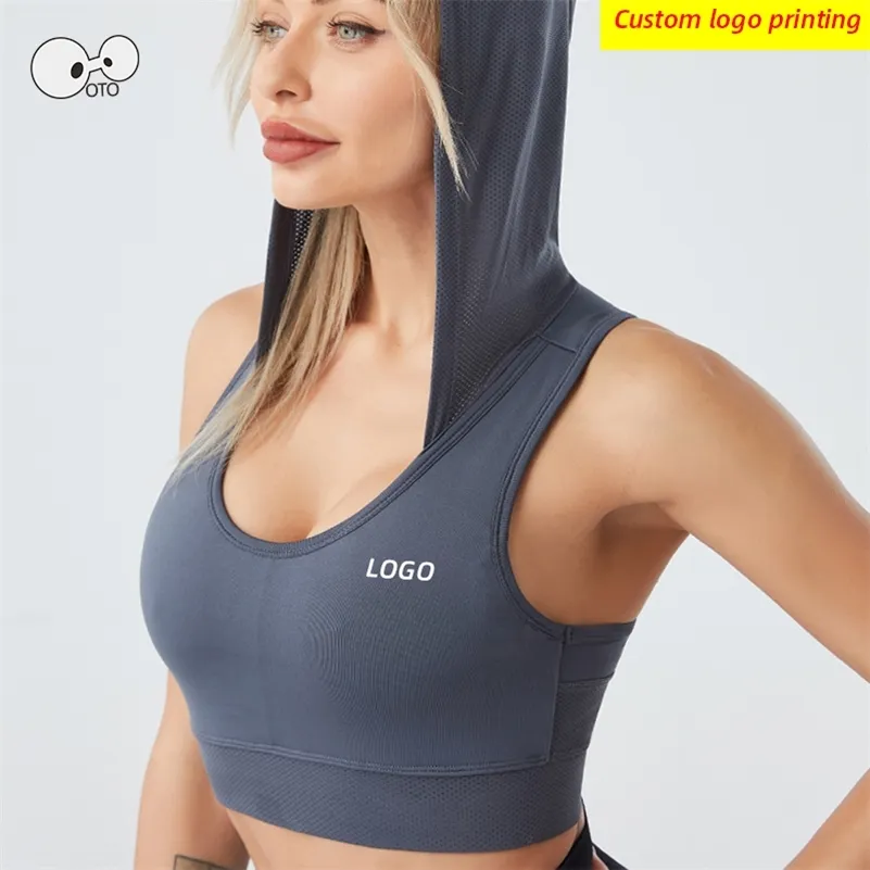 Summer Hooded Sports Bra Women UNeck Padded Sleeveless Crop Top Quick