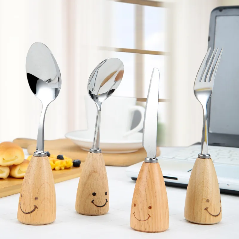 Creative wooden handle smiley tableware anti-ironing cute children tableware cutlery and spoon set beech wood handle stainless steel cutlery and spoon set