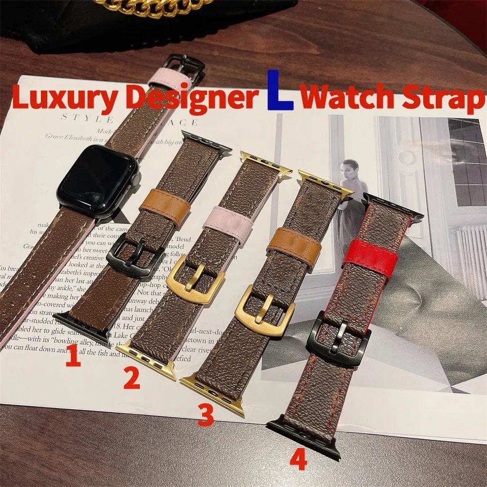 Diseñador L Apple Watch Strap 45 mm 42 mm 38 mm 44 mm 44 mm Bandas de Iwatch Correas de cuero Pulsera Fashion Flower White Square pulsador Iwatch