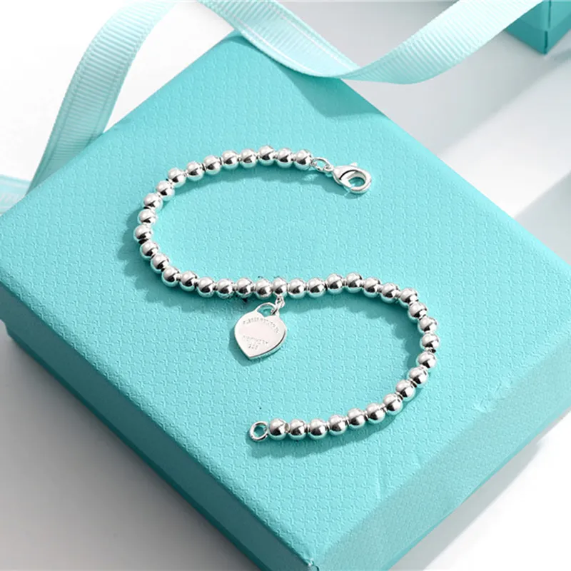 925 Silber Luxury Heart Perlen Charm Tag Strands Armband Frauen Fein Schmuck Trendy Perlen Kette Runde Ballarmbänder für Girlfrien6179156
