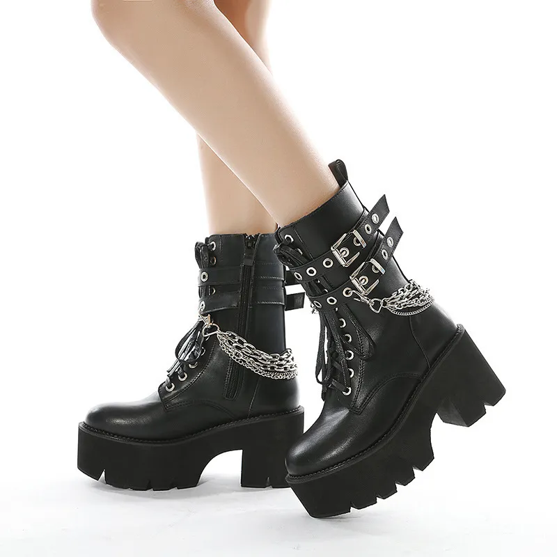 Botas femininas góticas pretas de couro de alta qualidade, salto grosso, corrente, salto grosso, plataforma, botas femininas estilo punk, botas de tornozelo com zíper 220813