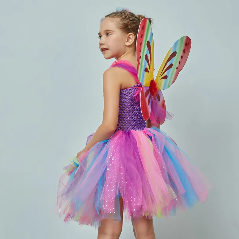 Girls Butterfly Fairy Fancy Tutu Dress Wings Costume Kids Princess Birthday Party Dress Halloween Cosplay Kids Spring Tulle Dress (6)