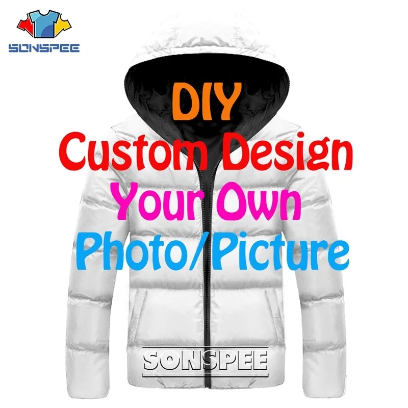 Sonspee 3D Print Dropship Мужчины Женщины DIY DIY Design Picture P o Мужская куртка плюс бархатная молния нагреть детское пальто 220704