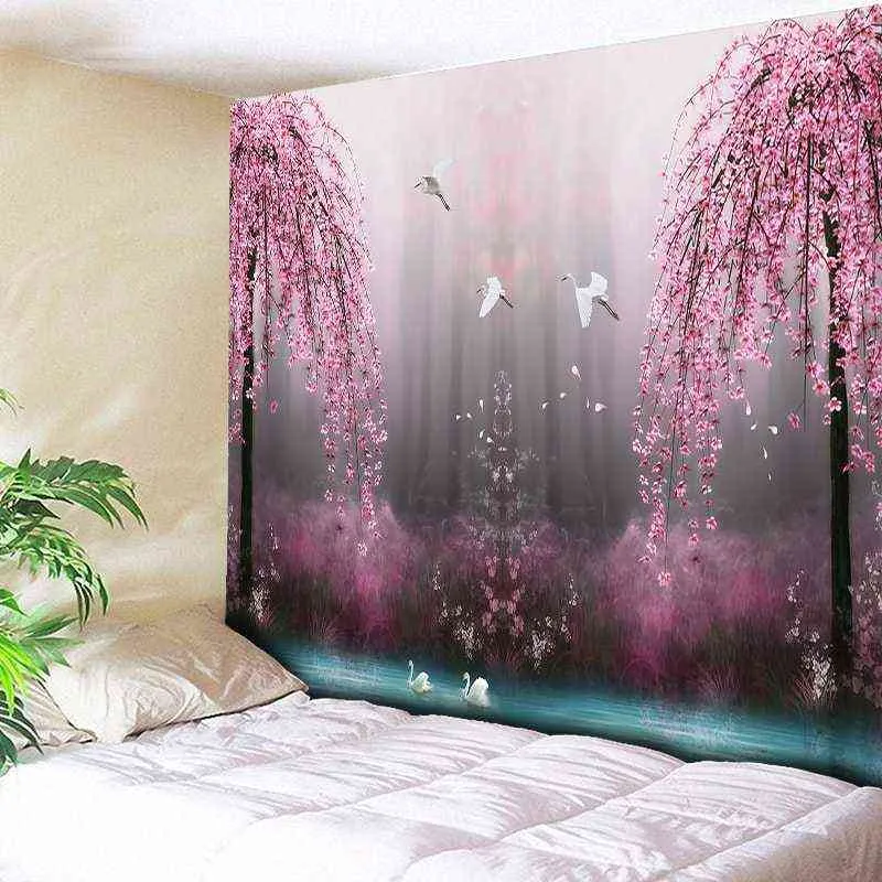 Tapestry de estampa de flor e pássaro rosa Bohemia Garden Decoration Rugs para pano de sala Tapiz J220804