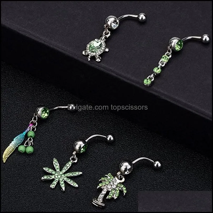 set of 5pcs dangle tortoise belly button ring 14g women body piercing jewelry kit coconumt tree charm navel barbell rings
