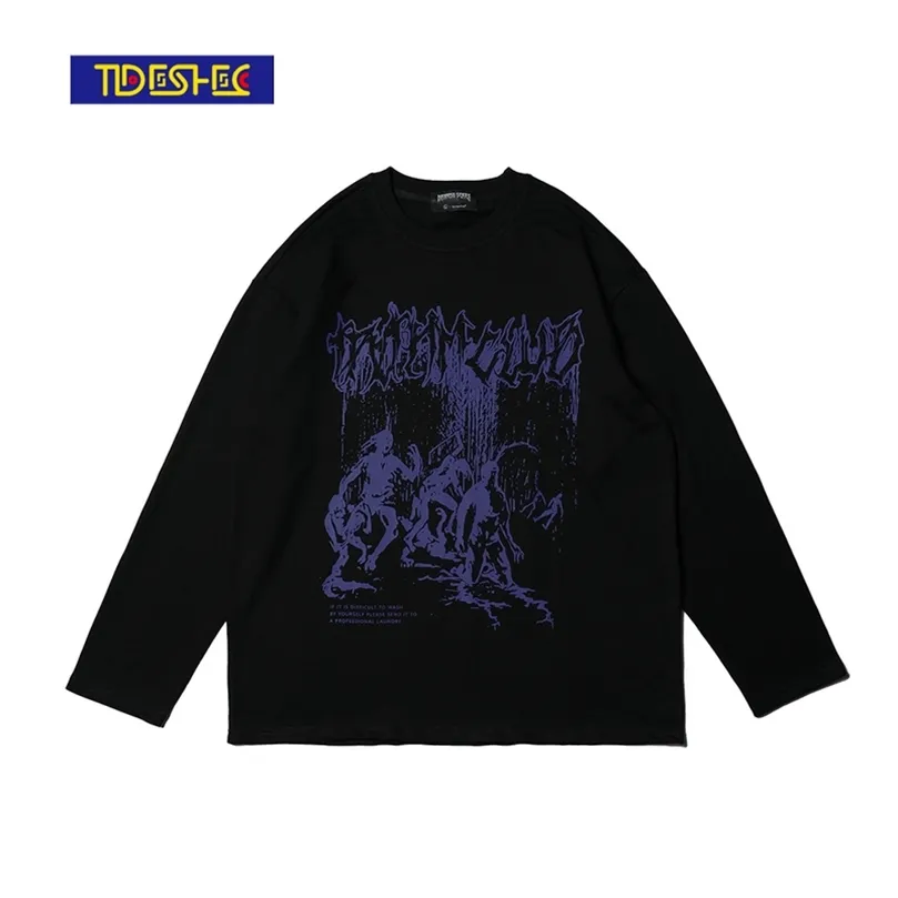Hip Hop Tshirt Mâle Gothique Streetwear Zombie Imprimer Tshirt Automne Harajuku Coton Casual Manches Longues Tshirt Chemise Noire 220816