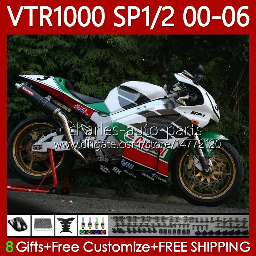 Kropps kit för Honda VTR1000 RTV1000 RC51 00 01 02 03 04 05 06 Bodywork 123NO.79 VTR 1000 SP1 SP2 2000 2001 2002 2003 2004 2005 2006 Red Green White VTR-1000 2000-2006 Fairing