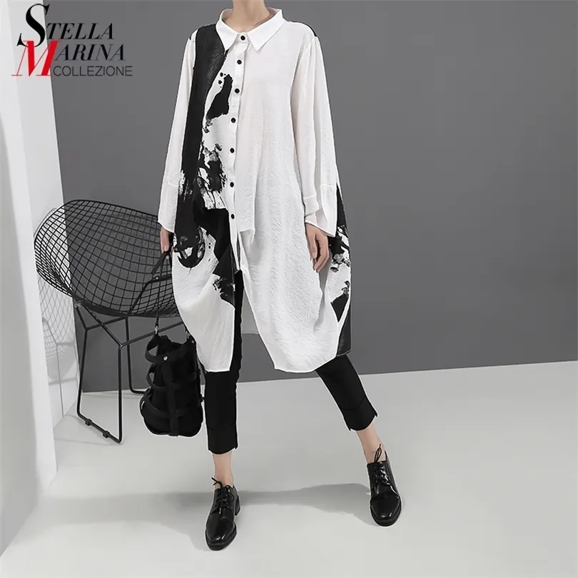 Frau Style Woman Langarm weißes Druckhemd Kleid Painting Plus Größe Straight Lady Casual Midi Kleid Lose Robe Femme 5459 210401