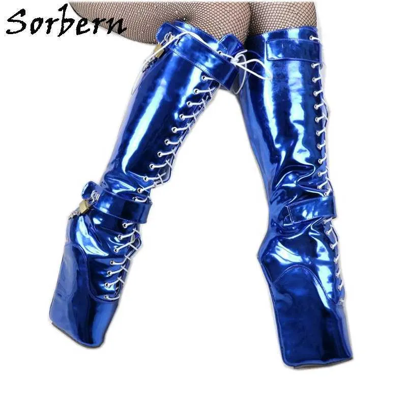 Sorbern métallisé bleu genou bottes hautes Cosplay serrures avec clés Ballet Wedge grande taille Feminino chaussures érotiques personnalisé large ajustement veau