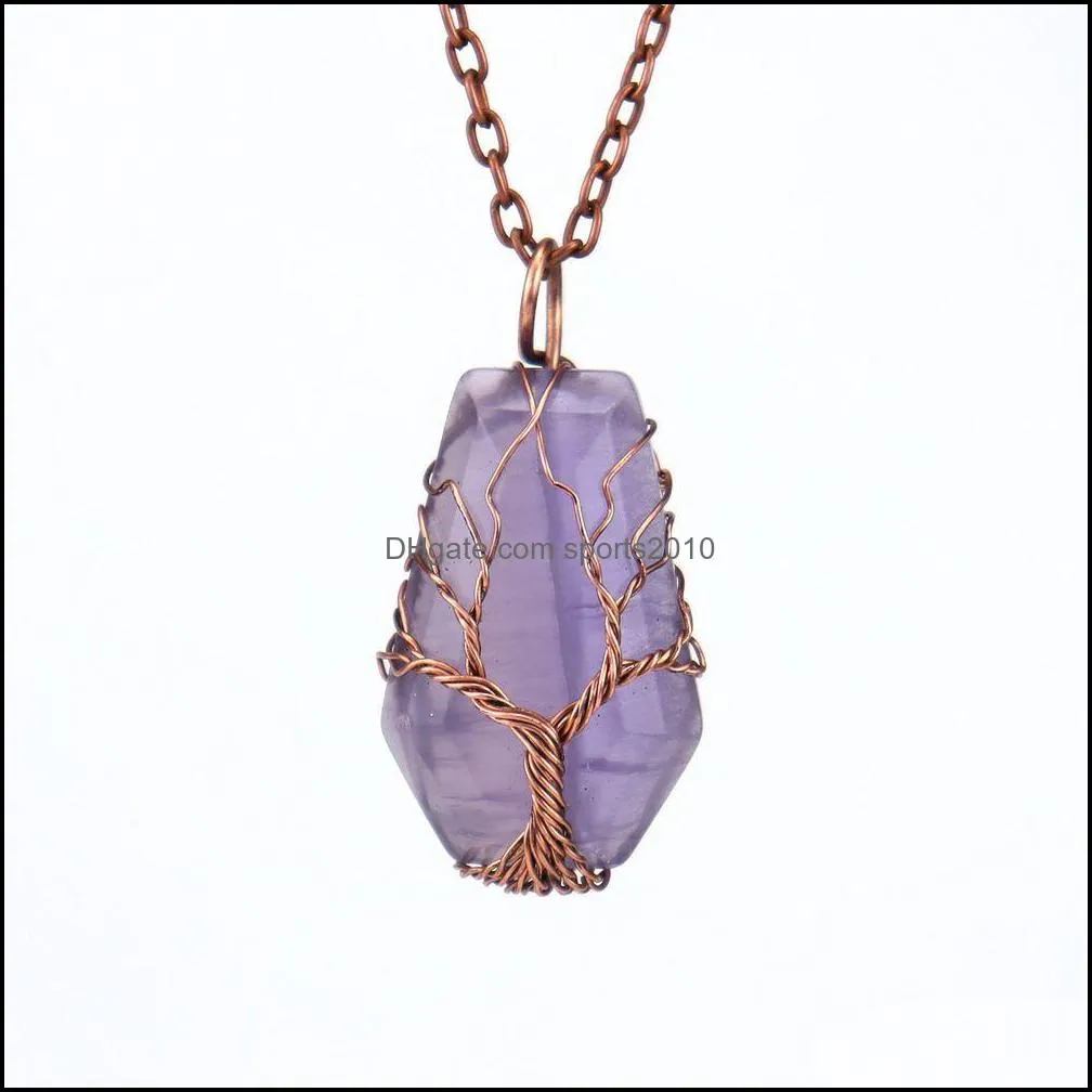 Arts And Crafts Natural Stone Crystal Lucky Charms Necklaces Tree Of Life Wire Wrap Pendant Amethyst Tiger Eye Rose Quartz Sports2010 Dhrjf