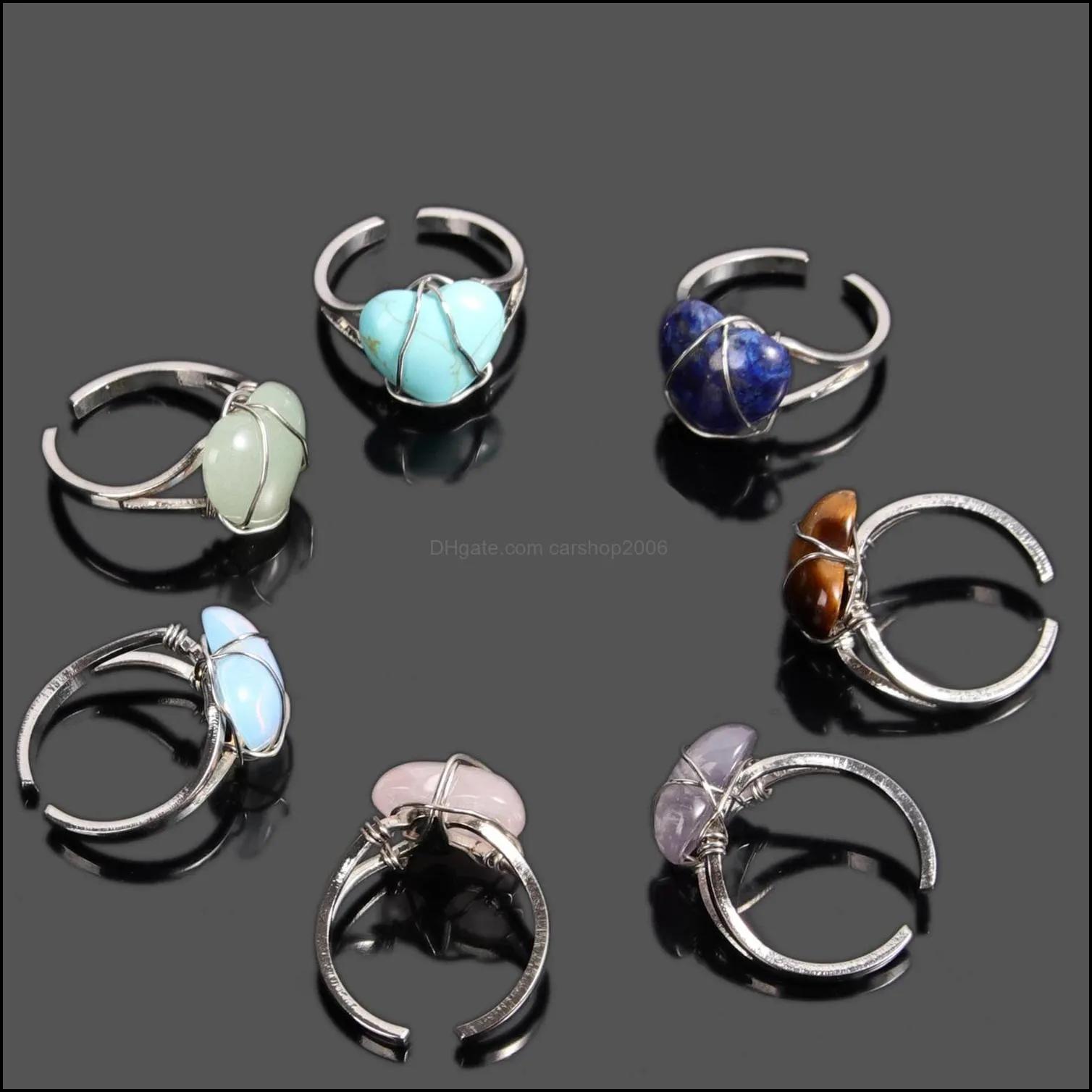 Band ringar smycken hjärta naturlig kristall öppen ring sier färgtråd wrap justerbar kvarts opal sten helande mode bröllop parti dropp deli