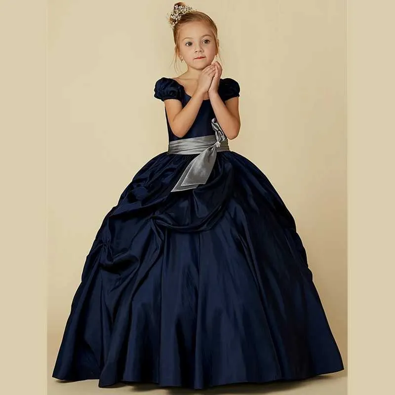 Girl's Dresses Ball Gown Floor Length Flower Girl Pageant Taffeta Short Sleeve Scoop Neck With Belt