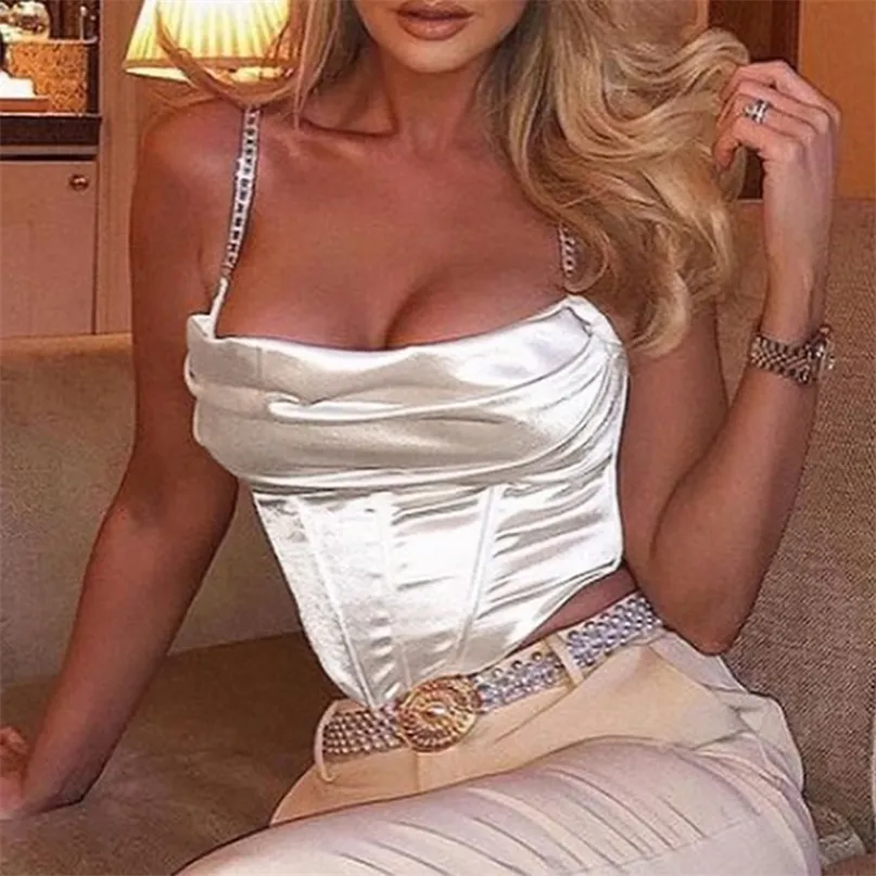 Backless Camis Crop Tops Vintage Fashion Satin Diamond Straps Corset Top for Women Party Sleeveless Silk Tops Draped Blouse21022 220519