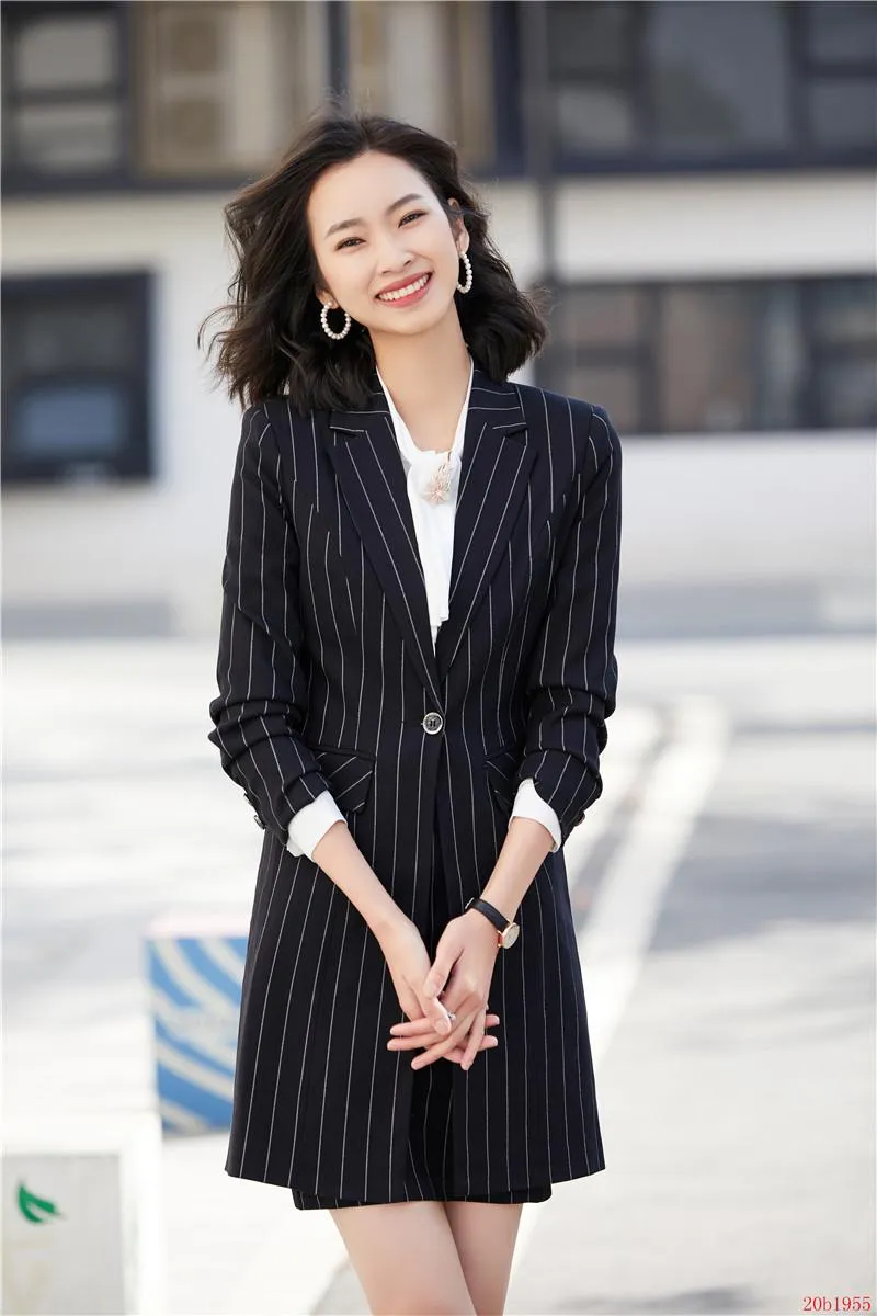 Two Piece Dress Formal Black Striped Blazer For Women Skirt Suits Long Jacket Ladies Work Wear Business Office Uniform Styles