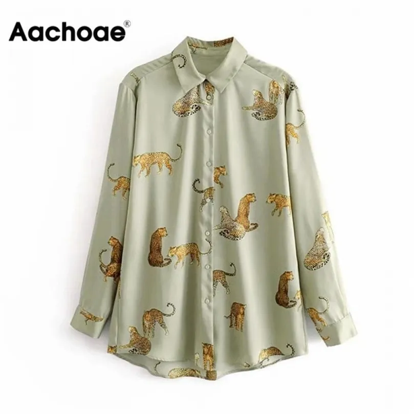 Aachoae Leopard Stylish Shirt Women Turn Down Collar Office Fashion Female Blouse Long Sleeve Plus Size Lady Tops Blusa Feminina 210301