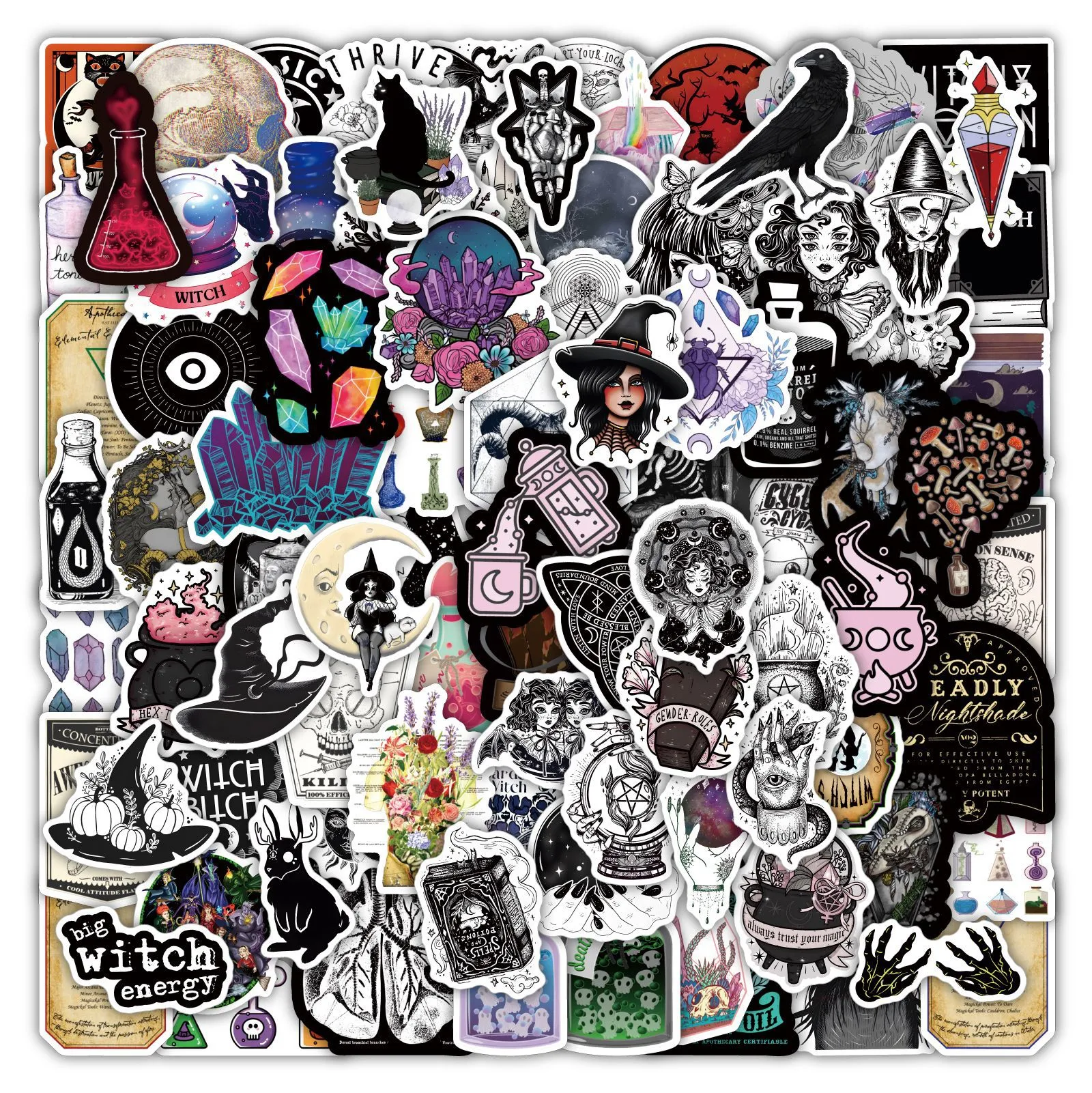 Paket med 100 st Grossist Witchy Apothecary Stickers No-Duplicate for Skateboard Bagage Laptop Notebook Hjälm Vattenflaska Telefon Bildekaler för barn Tonåringar Vuxna