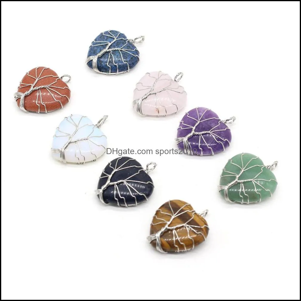 natural stone tree of life wire wrap heart charms rose quartz healing reiki crystal pendant diy necklace earrings women 30x38mm sports2010