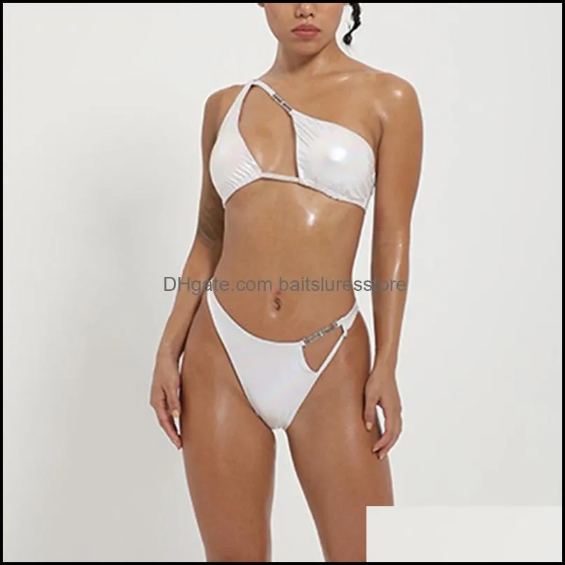Women Sexy White Bikini Set Reflective Shiny Solid Color Hollow Halter Swimsuit Women Beach Split Swimsuit bañadores mujer 2021