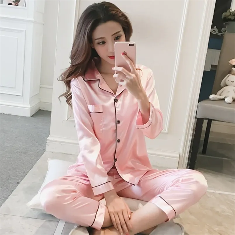 Silk Pyjamas Plus Size Women Solid Cute Pyjamas For Women Summer Nightwear Pyjama Tvådel Set Satin Silk Pyjamas Loungewear 220321