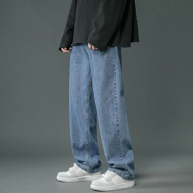 Jeans för män Streetwear Baggy Herr Plus Size S-5XL Mode Lösa raka Byxor med vida ben Svarta Ljusblå Man Fritidskläder