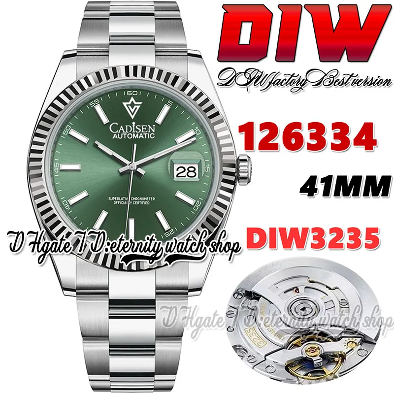 DIW DIW126334 SA3235オートマチックメンズウォッチ41mmフルーテッドベゼルグリーンダイヤルスティックマーカー904L同じシリアル保証カードの永遠の時計