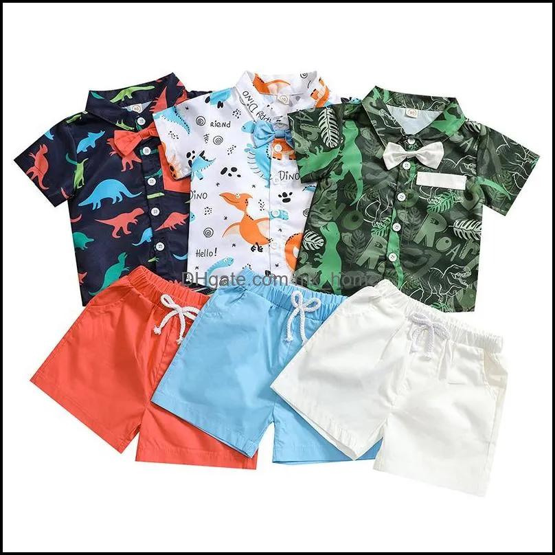 Clothing Sets Kids Boys Gentleman Outfits Children Dinosaur Print Shirt Topsandshorts 2Pcs/Set Summer Fashion Bou Mxhome Dh2Pa