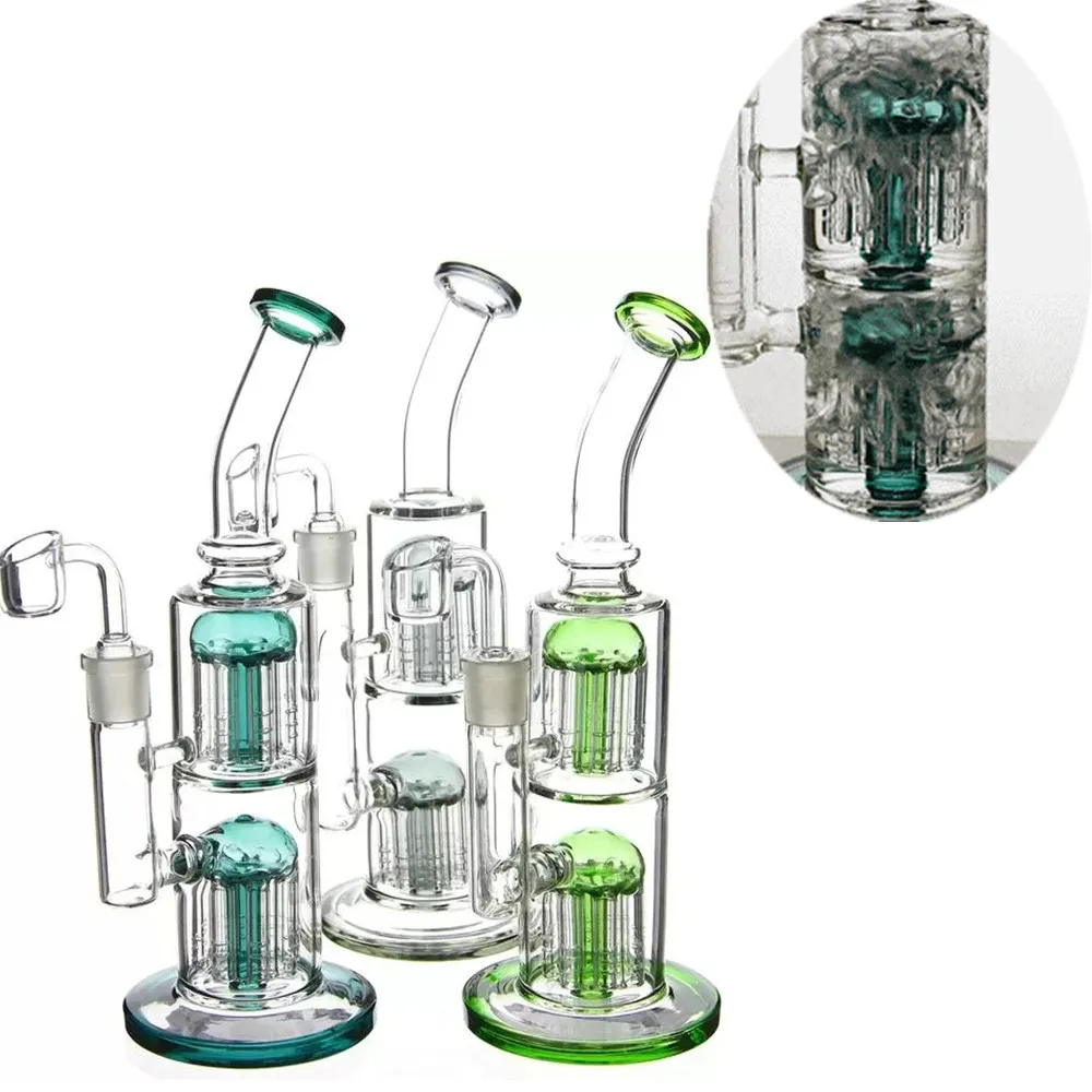 Glazen Waterpijpen Dubbele Kamer Arm Boom Perc Bongs Diffuser Waterleidingen Olie Brander Bubbler Dab Rig Shisha met Banger 14mm Joint Blauw Paars Donkergroene Kleur