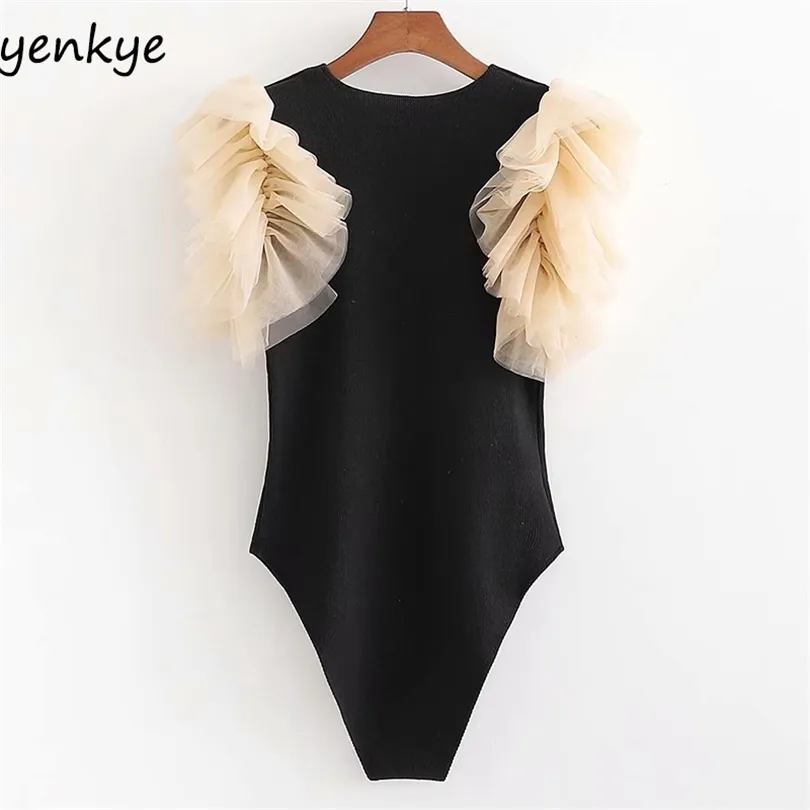 Şeritli Örgü Seksi Bodysuit Kadınlar Tül Kol Yuvarlak Boyun Vintage Siyah Tops Vücut Mujer XDWM2795 201007