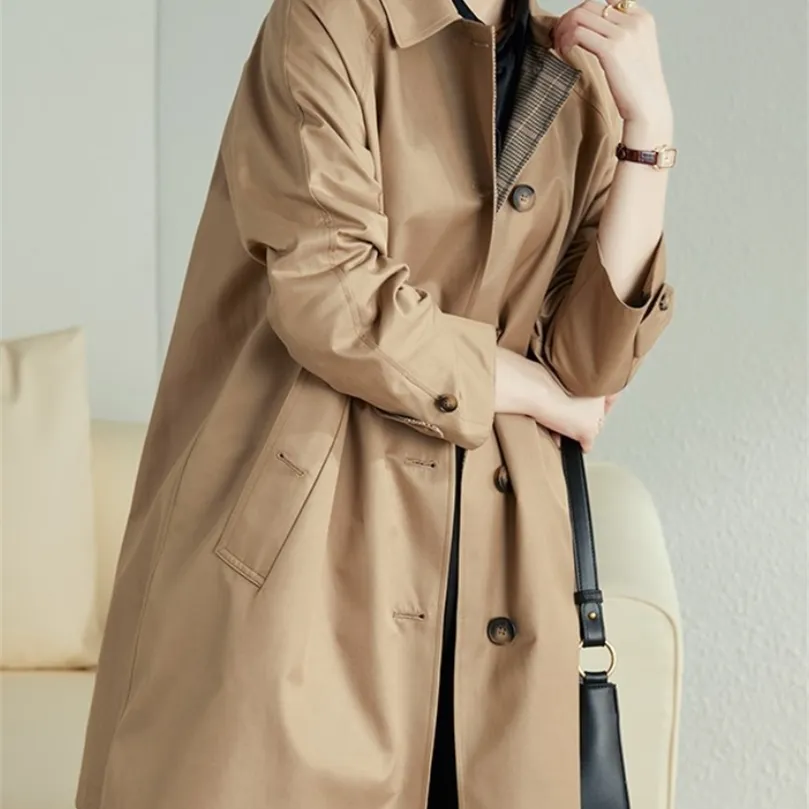 Lente en herfst midlengte dames trench Brits stijl allmatch jas single -breasted losse kaki dames lent jackets 220804