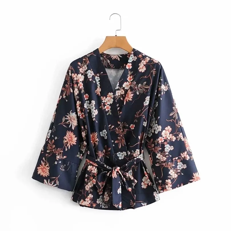 Mulheres Blusa Floral Blush Kimono Mangas compridas Crossover V-decote da moda chique da mulher chique camisa femme Mujer Blusas 210709