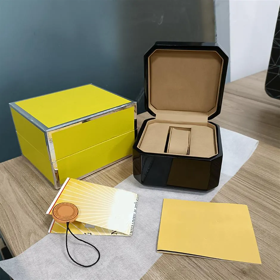 Titta på lådor Hög lyxiga designerfodral Kvalitet Black Box Plastic Ceramic Leather Manual Certificate Yellow Wood Outer Packaging3129