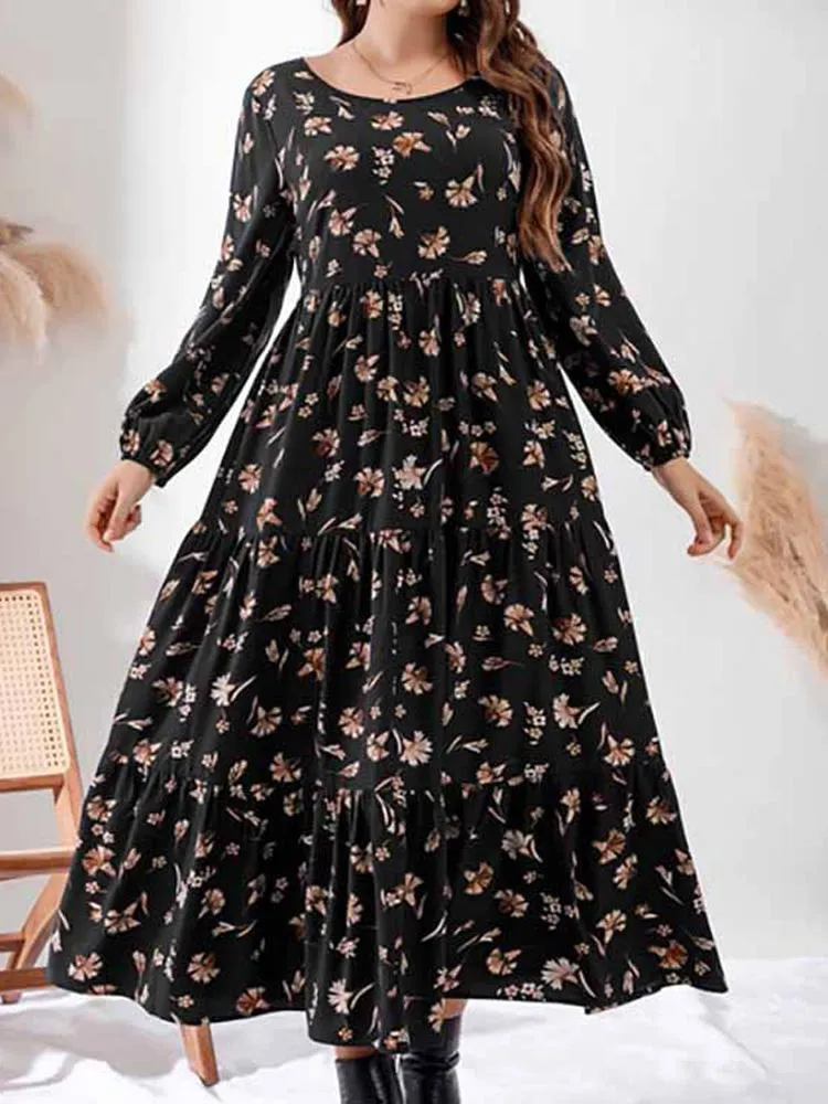 Plus Size Dresses Dress Women 2022 Spring Long Sleeve Floral Print Casual Black High midje maxi klänningarplus