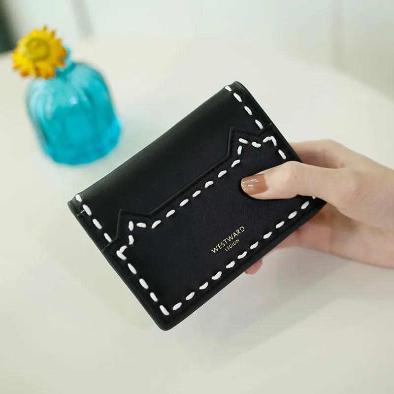 Fashion Short Purses Japanese Simple Versatile Stitching Kitten Threading Ultra Thin Double Fold Buckle Lady's Wallet