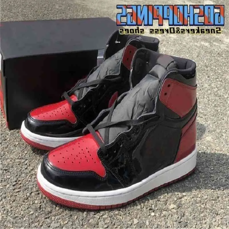 2021 Release Jumpman 1 Bred Patent Lederen Basketbalschoenen 555088-063 Topkwaliteit Hoge OG 1S Zwart Rode Teen Mens Trainers Modeontwerper