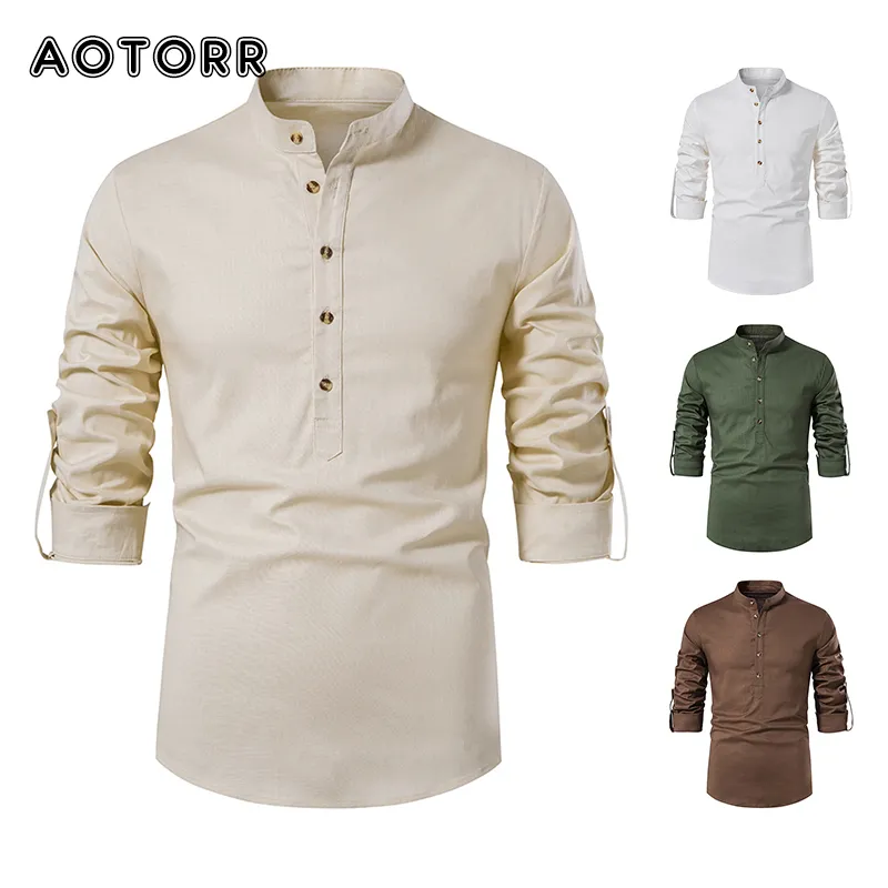 Heren casual ademende shirts katoen linnen shirt lange korte mouw poloshirt losse lente zomer tee mannelijk effen shirt S-2XL