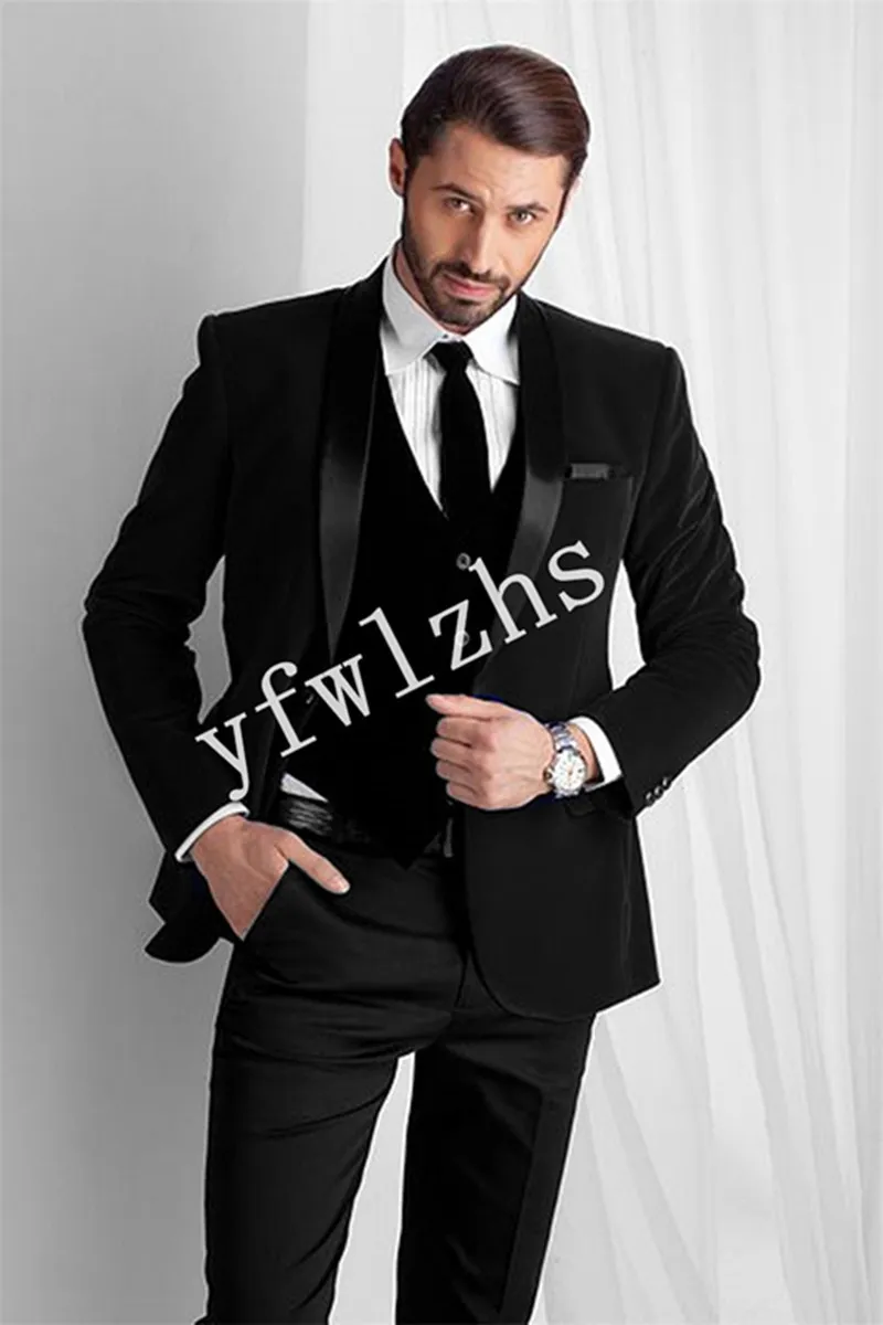 Wedding Tuxedos Velveteen Men Suits Groomsmen Sjawl Rapel Bruidegom Tuxedos Wedding/Prom Man Blazer Jacket broek Vest Tie W1069