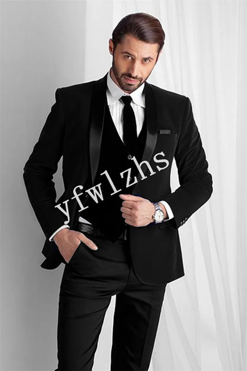 Wedding Tuxedos Velveteen Men Suits Groomsmen Shawl Lapel Groom Tuxedos Wedding/Prom Man Blazer Jacket Pants Vest Tie W1069