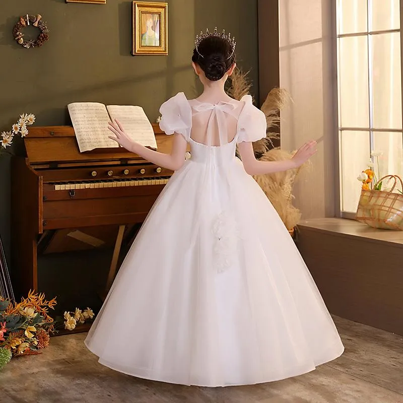 Elegant Tulle Flower Girl Dress for 10 Year Olds White First Communion Princess Ball Gown with Backless Design