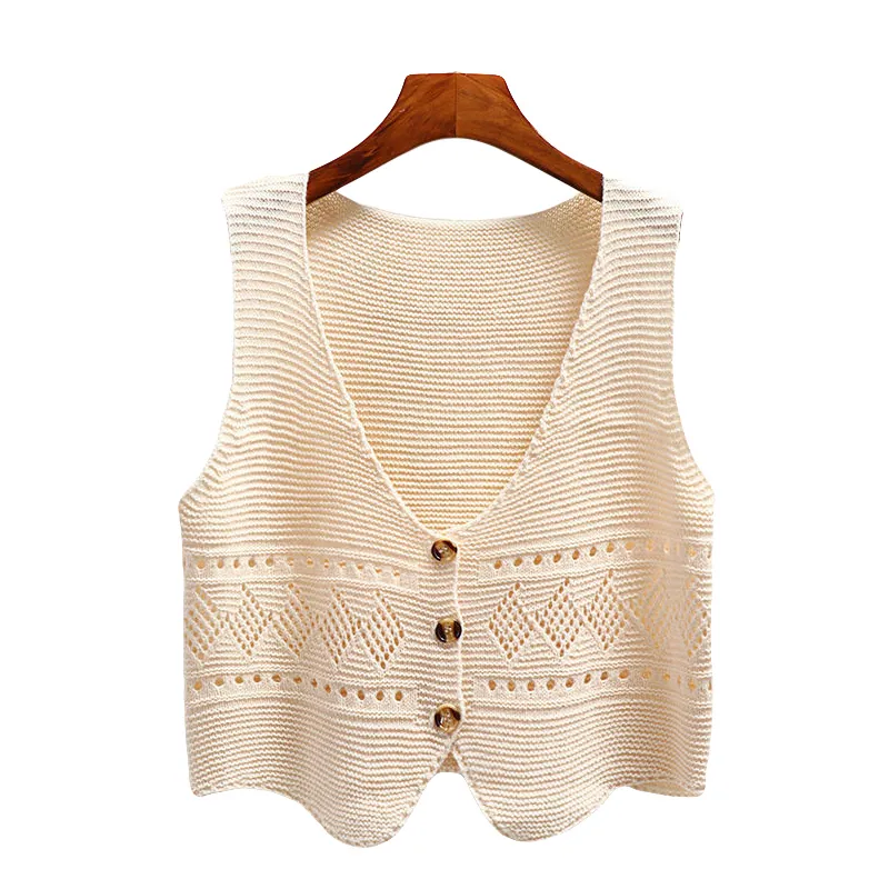 Korean Fashion V Neck Loose Sleeveless Sweater Vest Women Knitted Hollow Out Single Breasted Short Cardigan Female Kniwear 220812