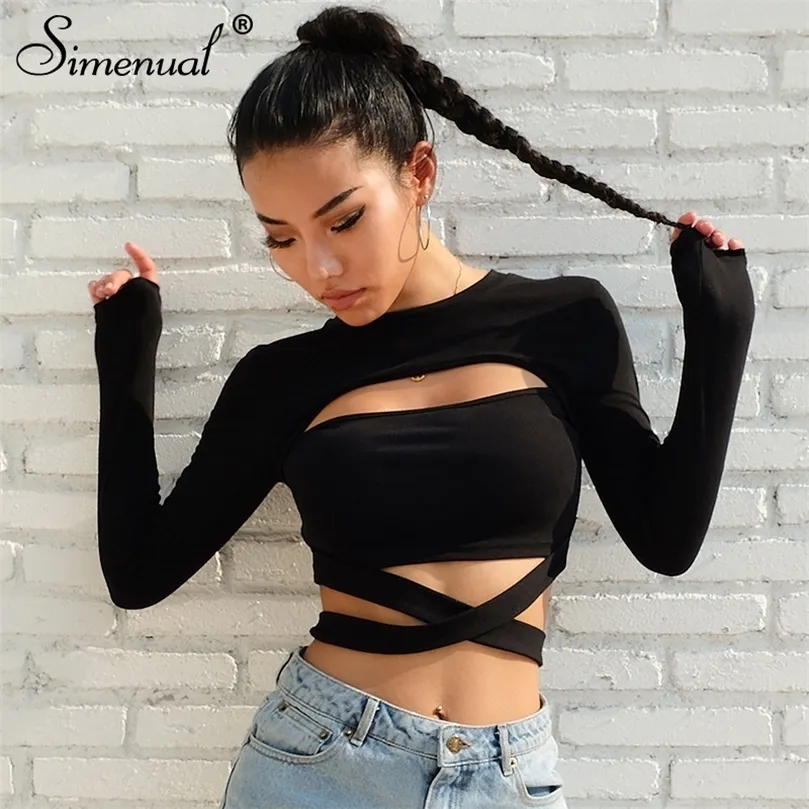 Symenial Cut Out Hole Bow Tie T-Shirts Dla Kobiet Moda Streetwear Bawełna Jesień Tshirt Slim Sexy Black Kobieta T-shirt 220407