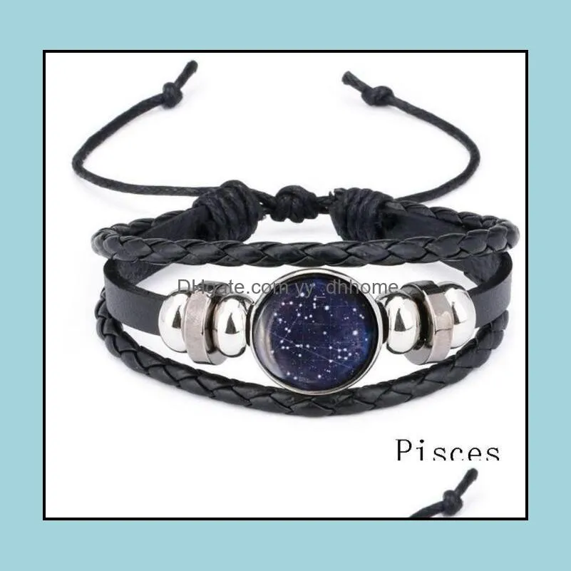 zodiac sign bracelet jewelry with black leather multilayer 12 constellation pattern glass cabochon bracelet bangle for men