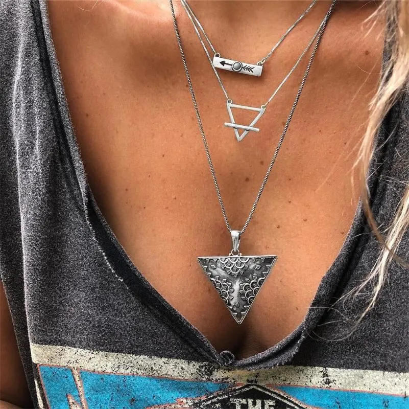 Pendant Necklaces Vintage Silver Color Triangle Multi Layer Alloy Necklace Collar For Women Jewelry Boho GiftPendant
