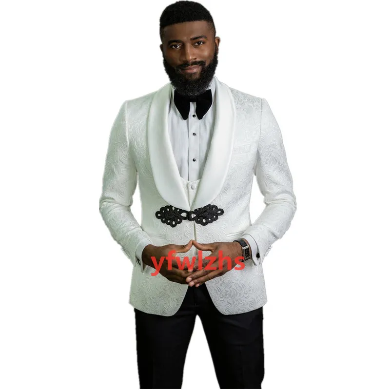 Handsome Embossing Man's Suits Shawl Lapel Groom Tuxedos Groomsmen Wedding/Prom/Dinner Man Blazer(Jacket+Pants+Vest+Tie) N017