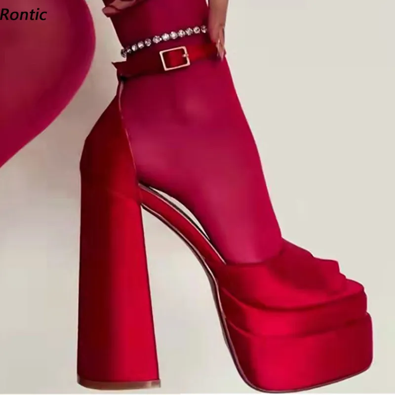 Rontic Stylish Women Platform Sandals Satin Ankle Strap Block Heels Square Toe Gorgeous Red Pink Black Dress Shoes US Size 4-13