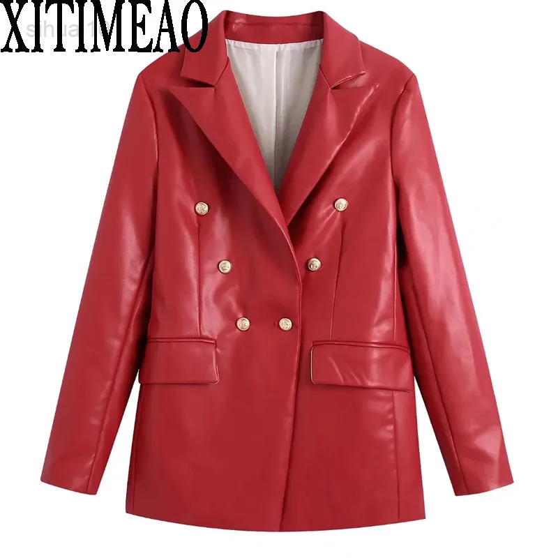 Moda feminina Slim Pu Suit Jacket retrô de mangas compridas imitação de couro para mulheres casaco moda vestidos mujer l220725