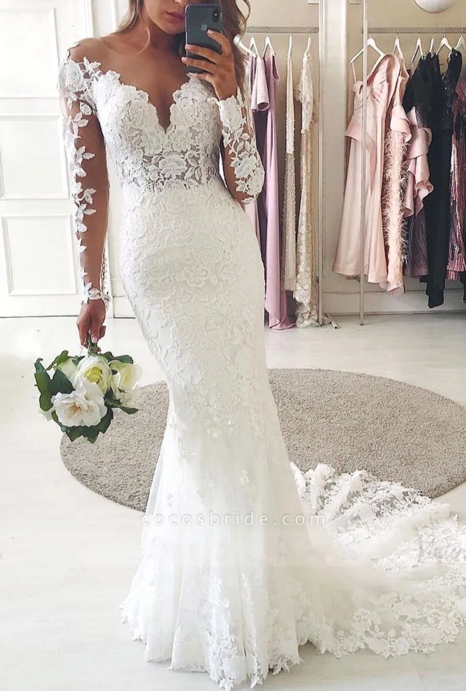 Nuovo abito da sposa a sirena in pizzo maniche lunghe trasparenti scollo rotondo tulle applique abiti da sposa senza schienale sweep treno abiti da sposa eleganti da sposa BC12722