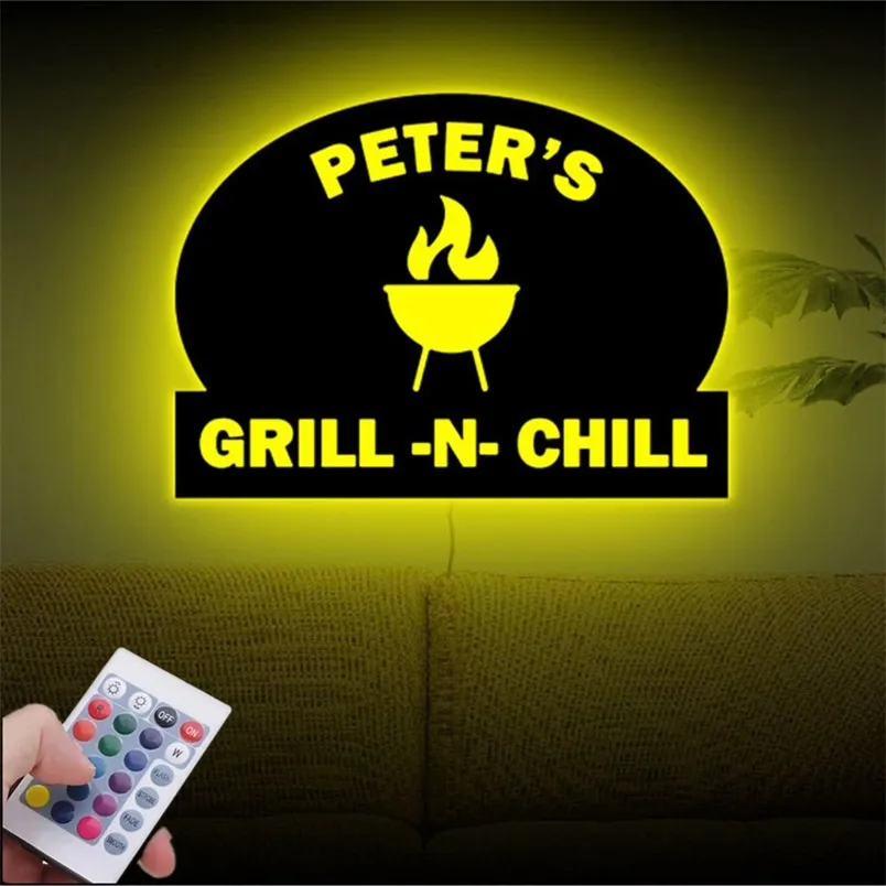 Nome personalizzato Luce notturna in legno Barbecue personalizzato LED USB Lampada al neon per la festa di compleanno Grigliata Segno Decorazione murale 30 cm 220623