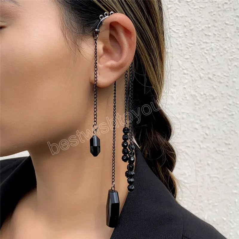 Vintage Long Tassel Clip Earrings Svart akryl Geometrisk hänge ingen piercing kvinnor öron manschett goth smycken tillbehör